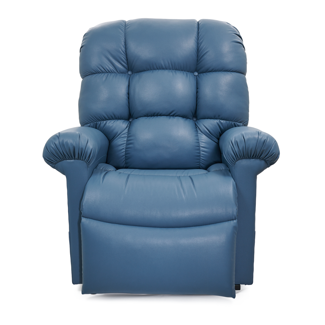 The Golden Tech PR515 Cloud Recliner With Lift Assist, ZG+ & Twilight - MD/LG is a blue, overstuffed chair with plush cushions and armrests. Shown from the front against a white background, it features patented Twilight Technology.